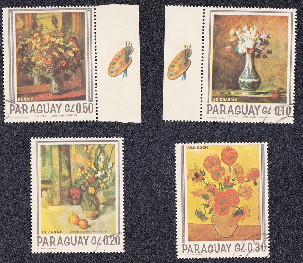 PARAGUAY francobolli usati quadri di Van Gogh Cezanne Renoir Chardin anni 70