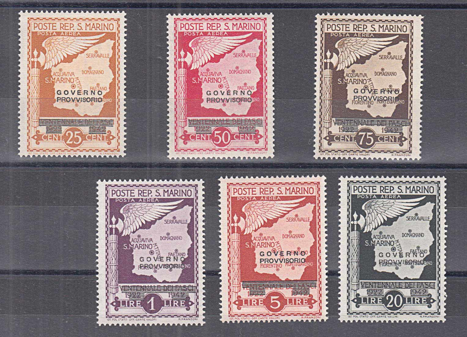 1943 - San Marino Governo Provvisorio 6 Val. Nuova Perfetta Posta Aerea