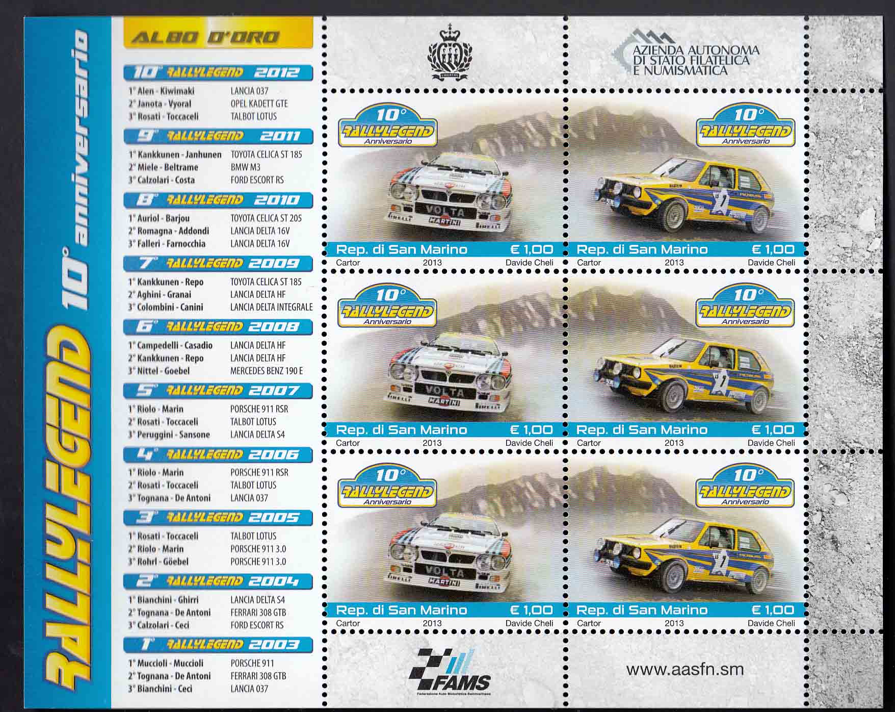 SAN MARINO 2013 foglietto 6 val. Rally Legend 10 Anniv. Nuovo