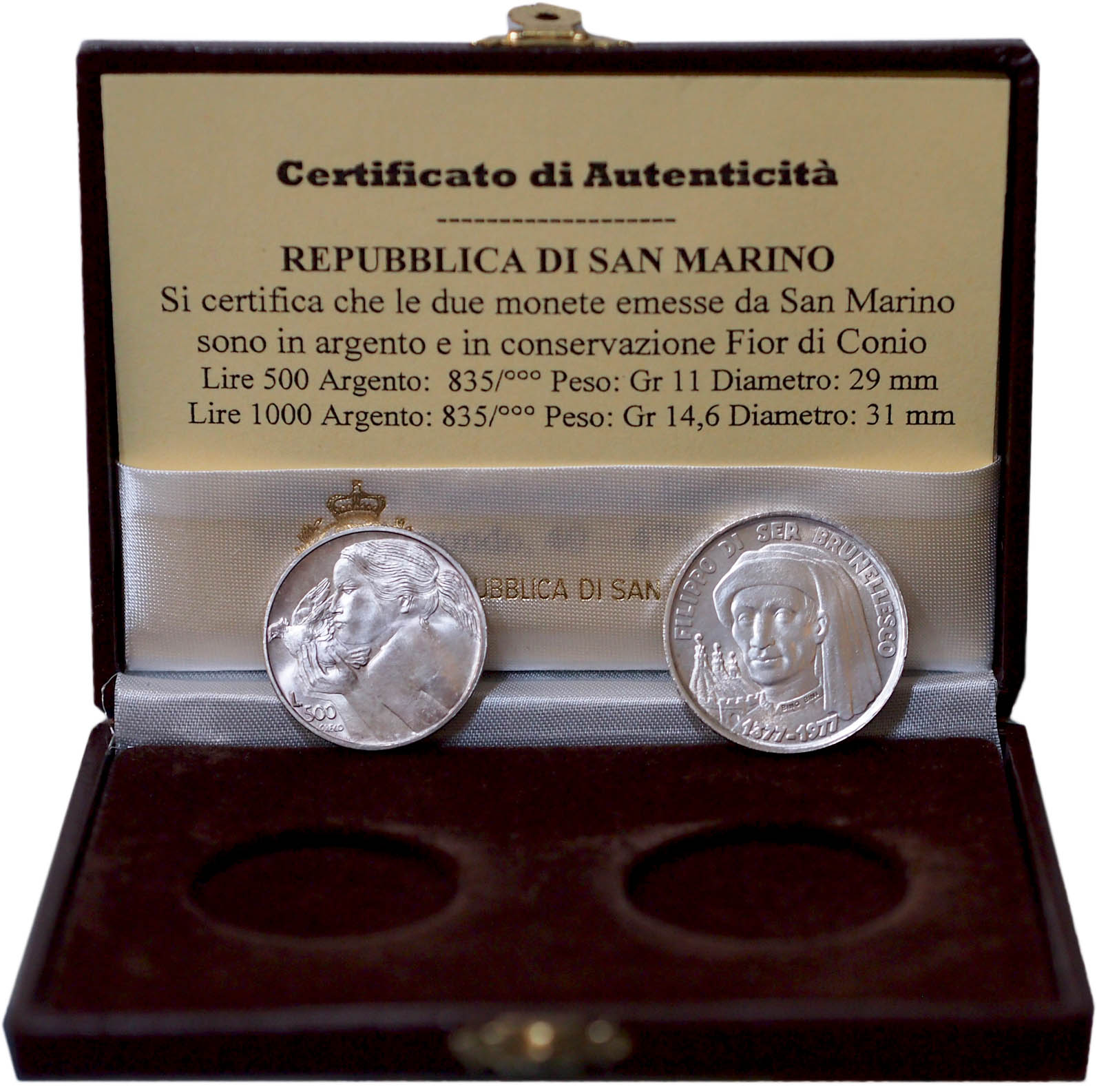 Dittico monete in argento San Marino Lire 500 + 1000 Volta di Donna e Brunelleschi