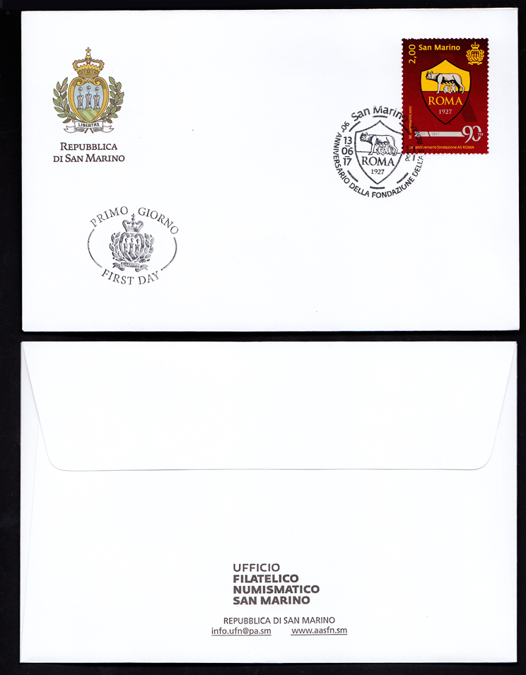 2017 - Busta Primo giorno FDC Annullo Speciale 90 Anniv. Fondazione Roma Calcio 13-06-2017 Ufficiale