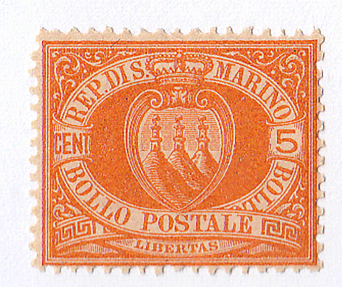 1877 Cent 5 Arancio Stemma Numero Sassone n.2 a Certificato Borrelli Nuovo con Gomma