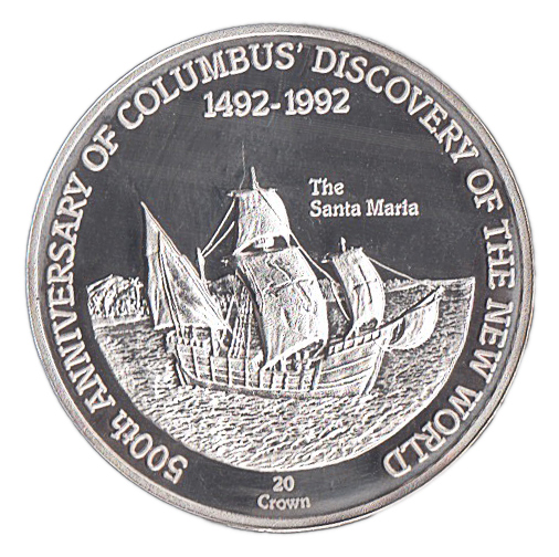 TURKS AND CAICOS 20 Crowns Ag Scoperta America "Santa Maria" Proof