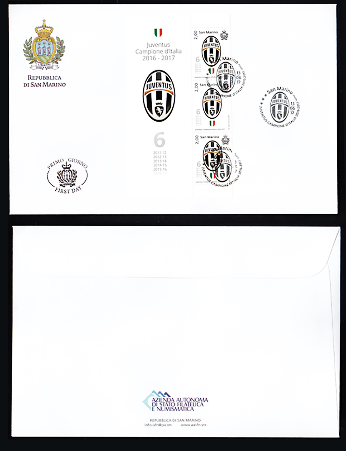 2017 - Busta Primo giorno FDC Annullo Speciale JUVENTUS Scudetto 2016/2017 Appendice laterale 3 valori