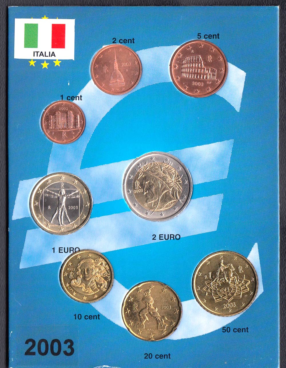 2003 - Italia Serie 8 Monete Euro Conservazione Stupenda in cartoncino