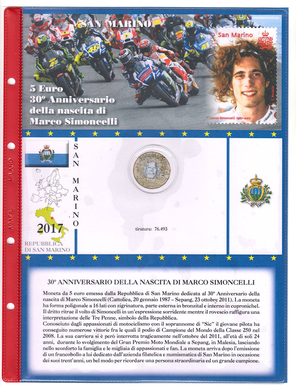 2017 - Foglio con Tasca 5 Euro San Marino 30° Nascita Simoncelli