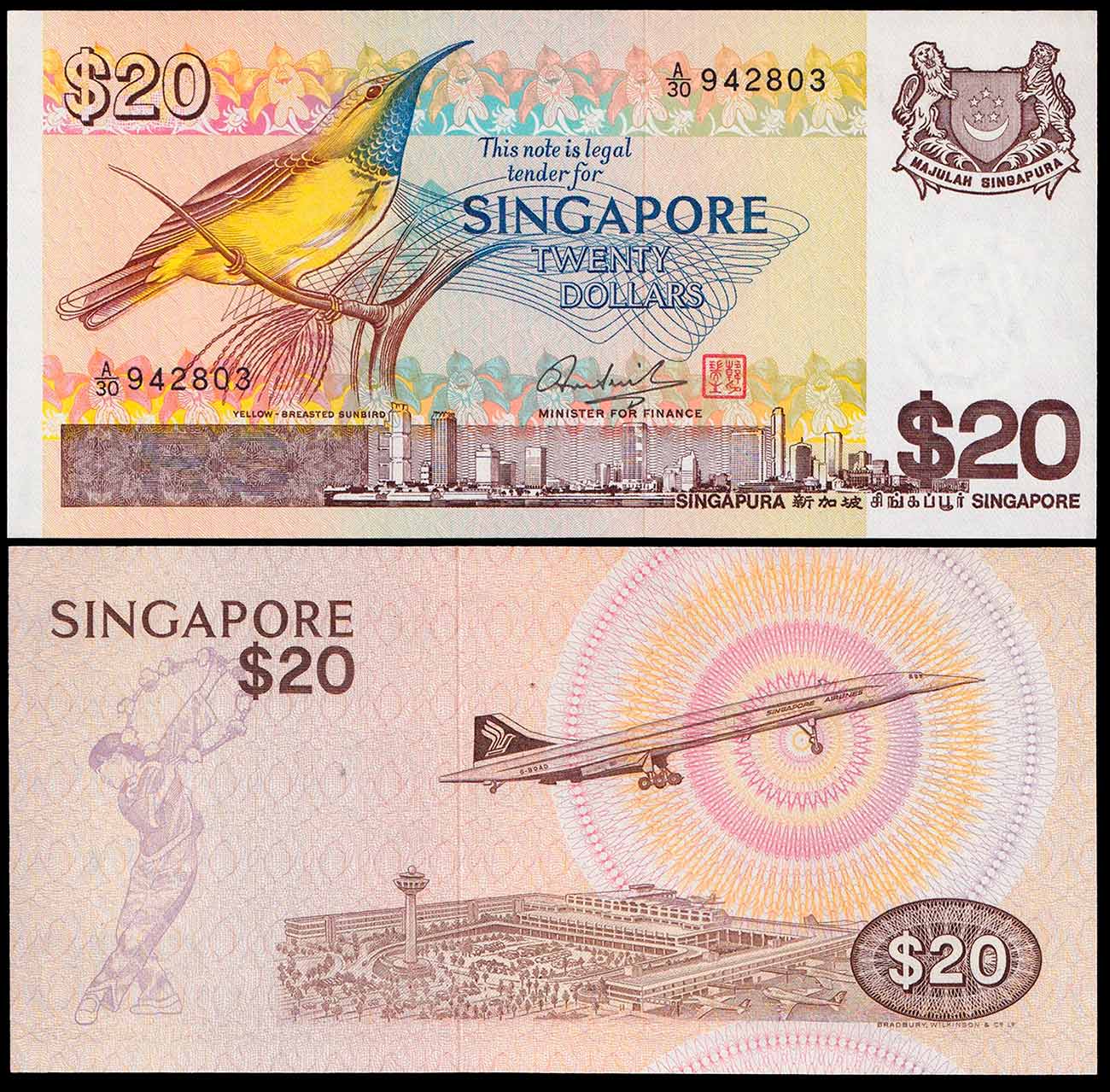 SINGAPORE 20 Dollari Yellow-Breasted Sunbird 1979 Fds