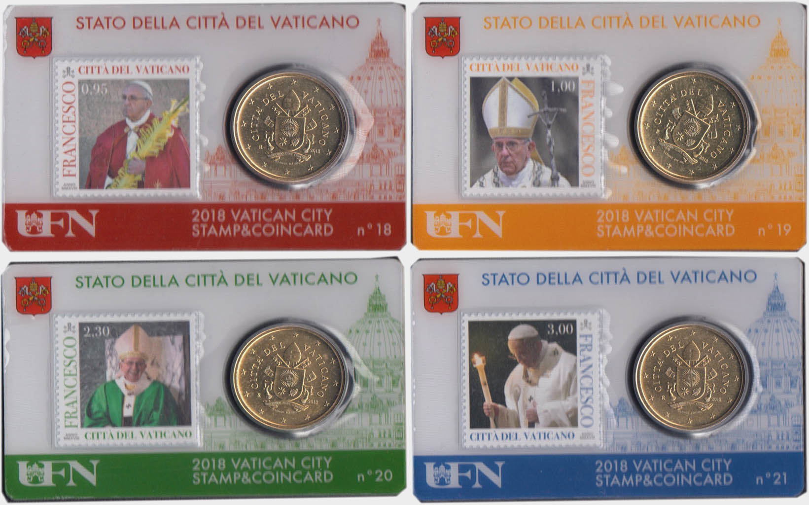 2018 - 4 x Coincard VATICANO 50 Cents Euro Stamp and Coin N 18-21 Unc