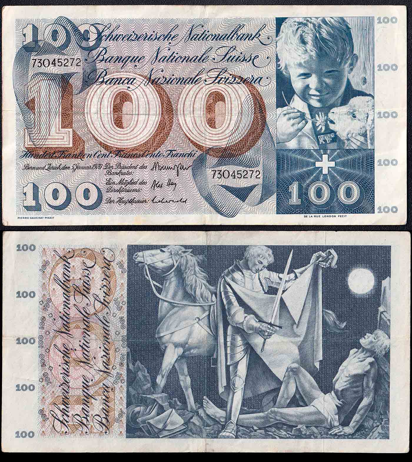 SVIZZERA 100 Franken "St. Martin" BB 1956-65 Grandi Dimensioni BB+