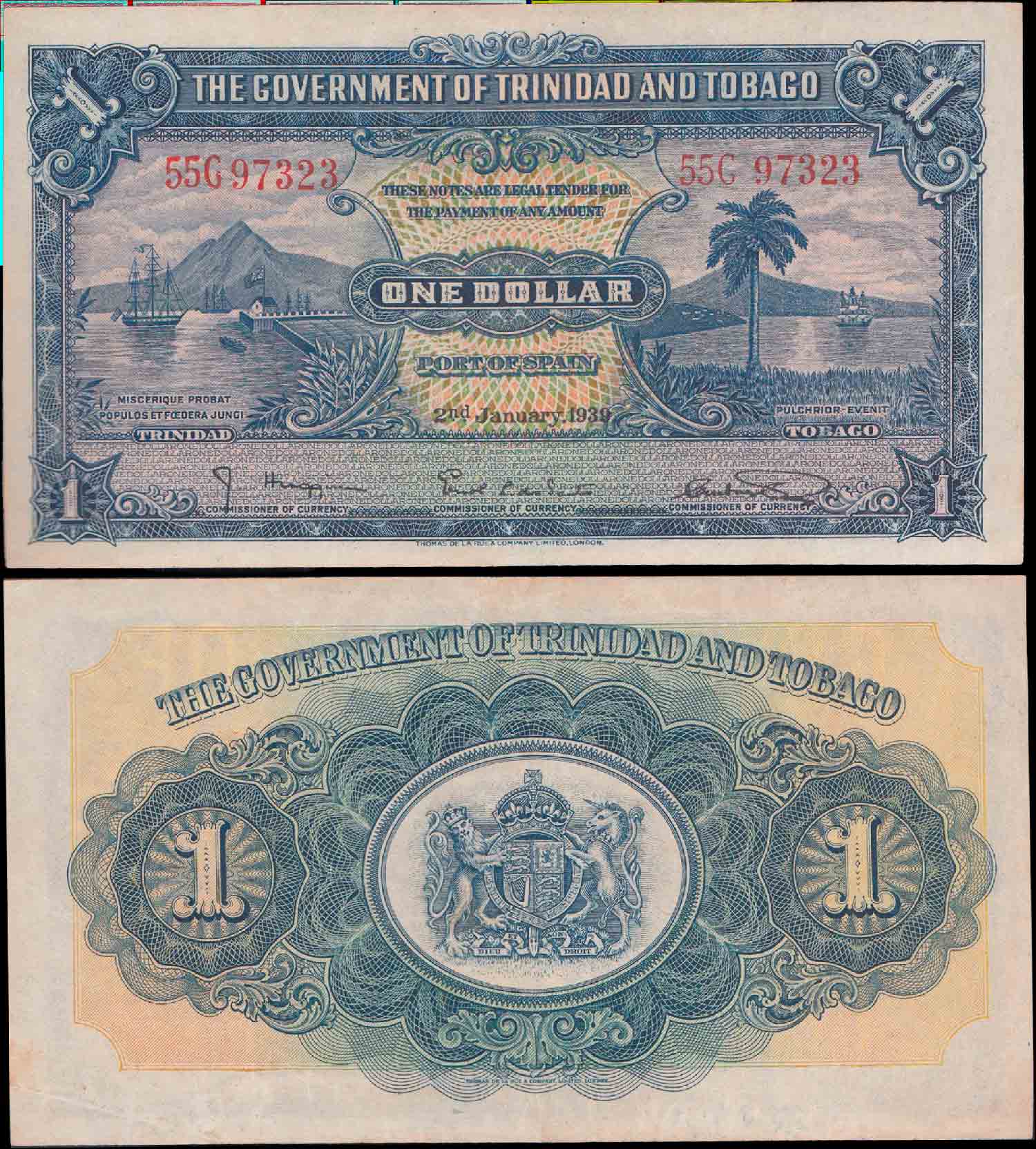 TRINIDAD & TOBAGO 1 Dollar 1943 BB+ Rara