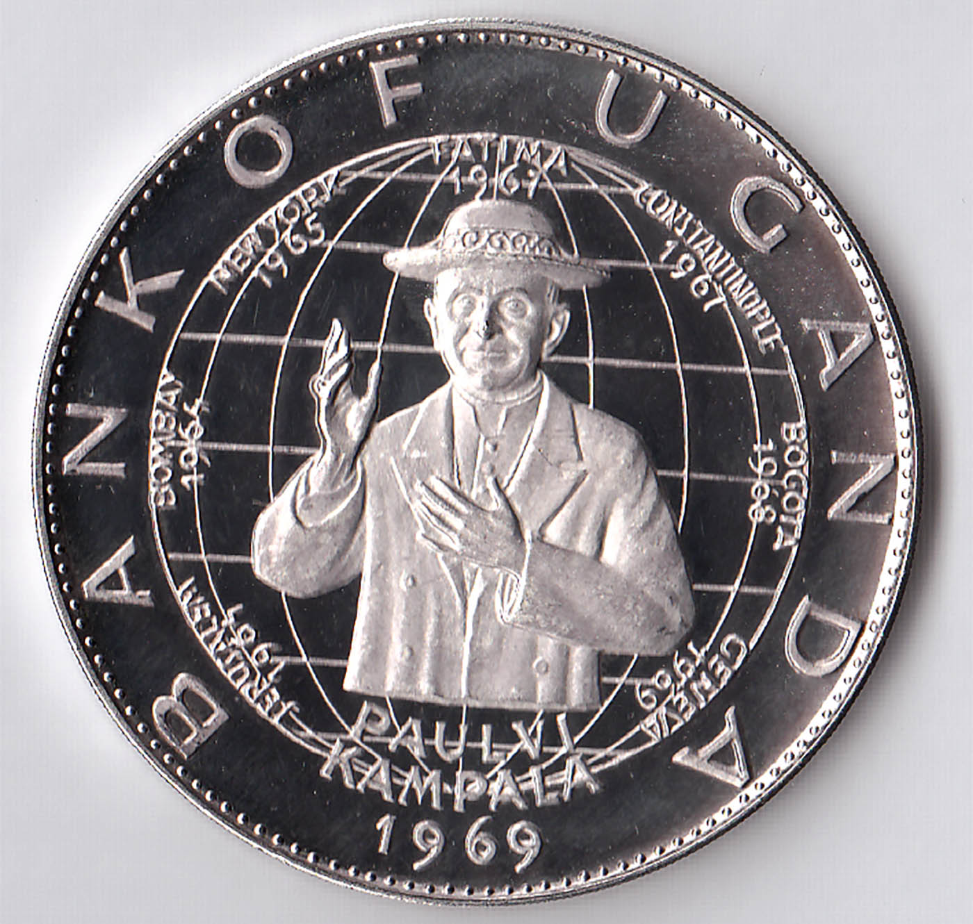 UGANDA 25 Shillings argento 1969 Fondo Specchio Visita Papa Paolo VI