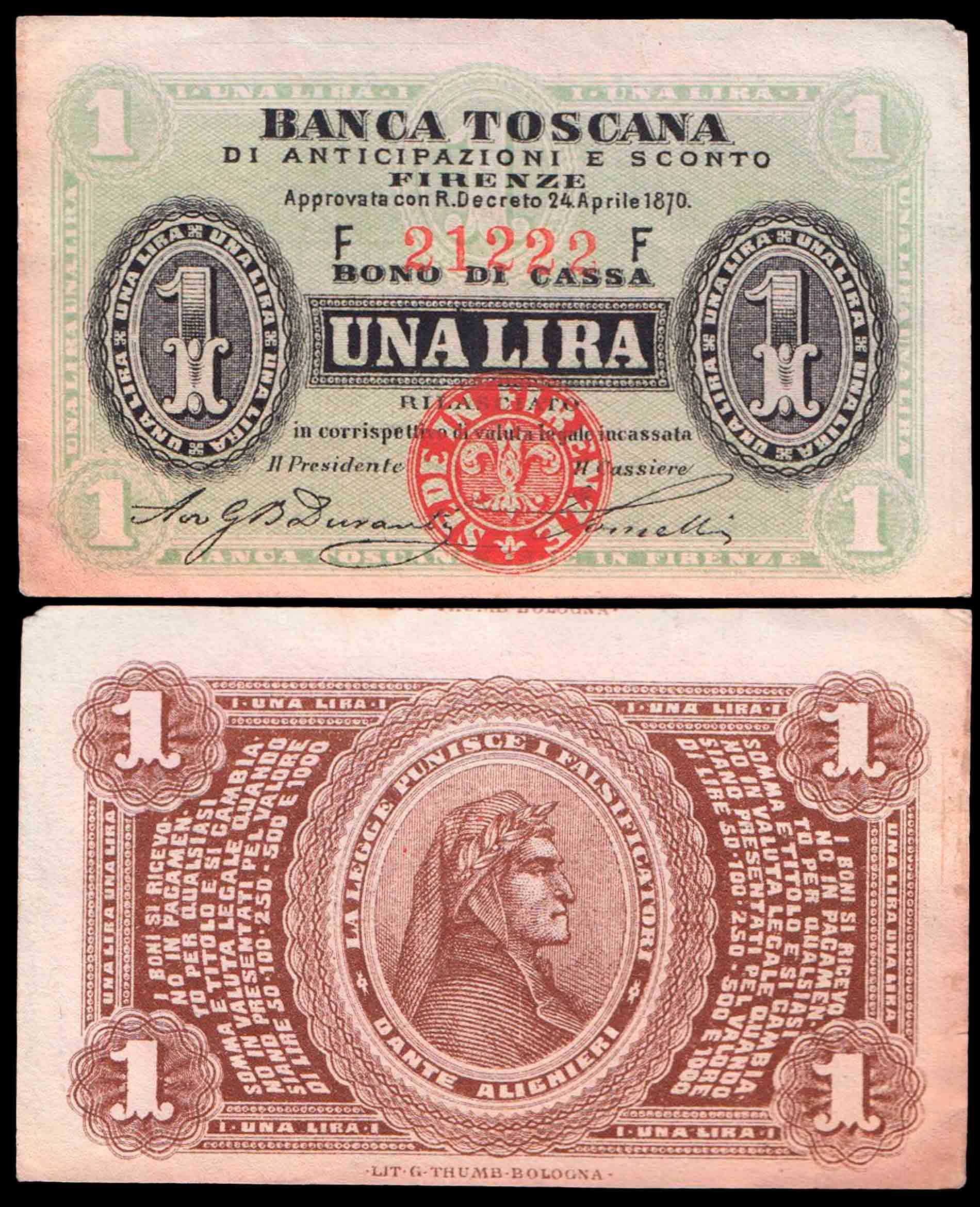 Regno 1 Lira "Banca Toscana - Firenze" 1870 BB