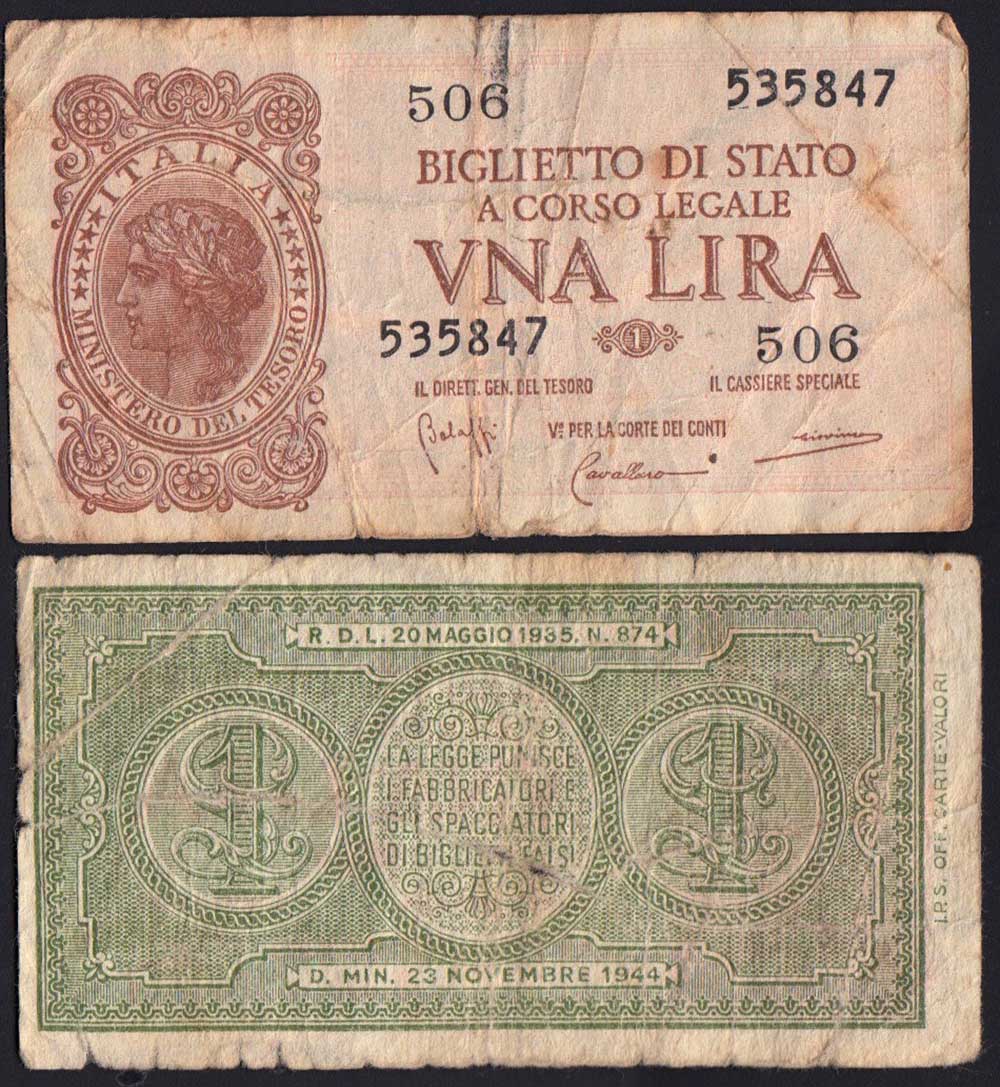 1944 - 1 Lira Luogotenenza Italia Laureata Decreto Ministeriale 23/11/1944 MB