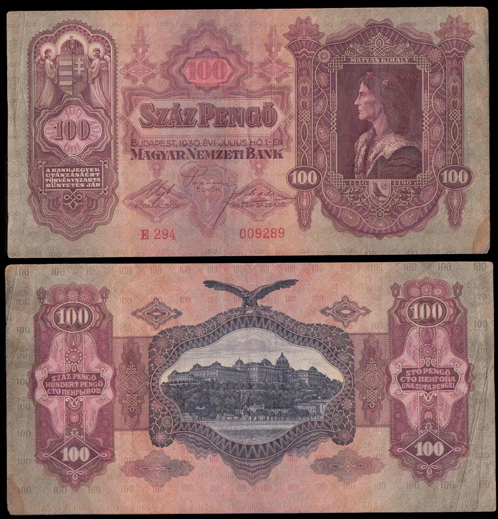 UNGHERIA 100 Pengo Re Mátyás 1930 BB+