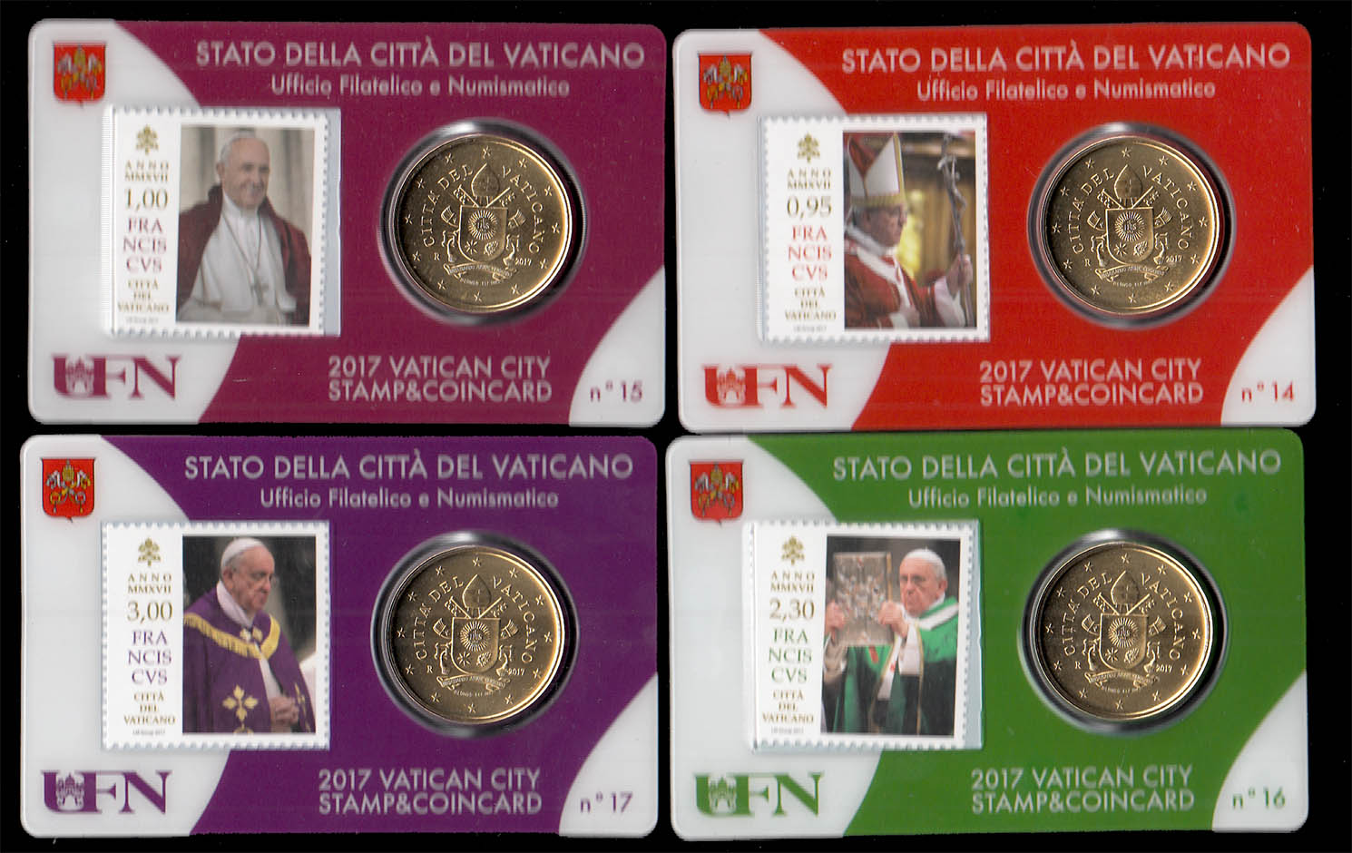 2017 - Serie di 4 Coincard VATICANO 50 Centesimi Euro "Stamp and Coin" N. 14-17