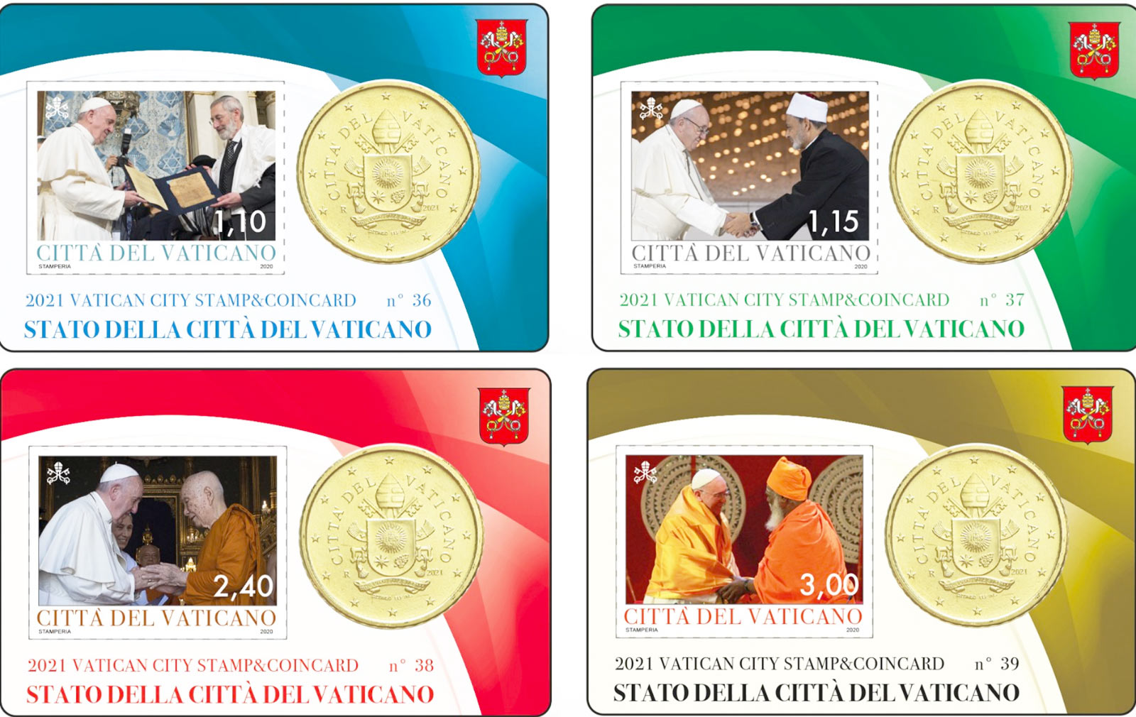2021 - Coincard VATICANO 50 Centesimi Euro "Pontificato MMXX - N 36-39 con francobolli