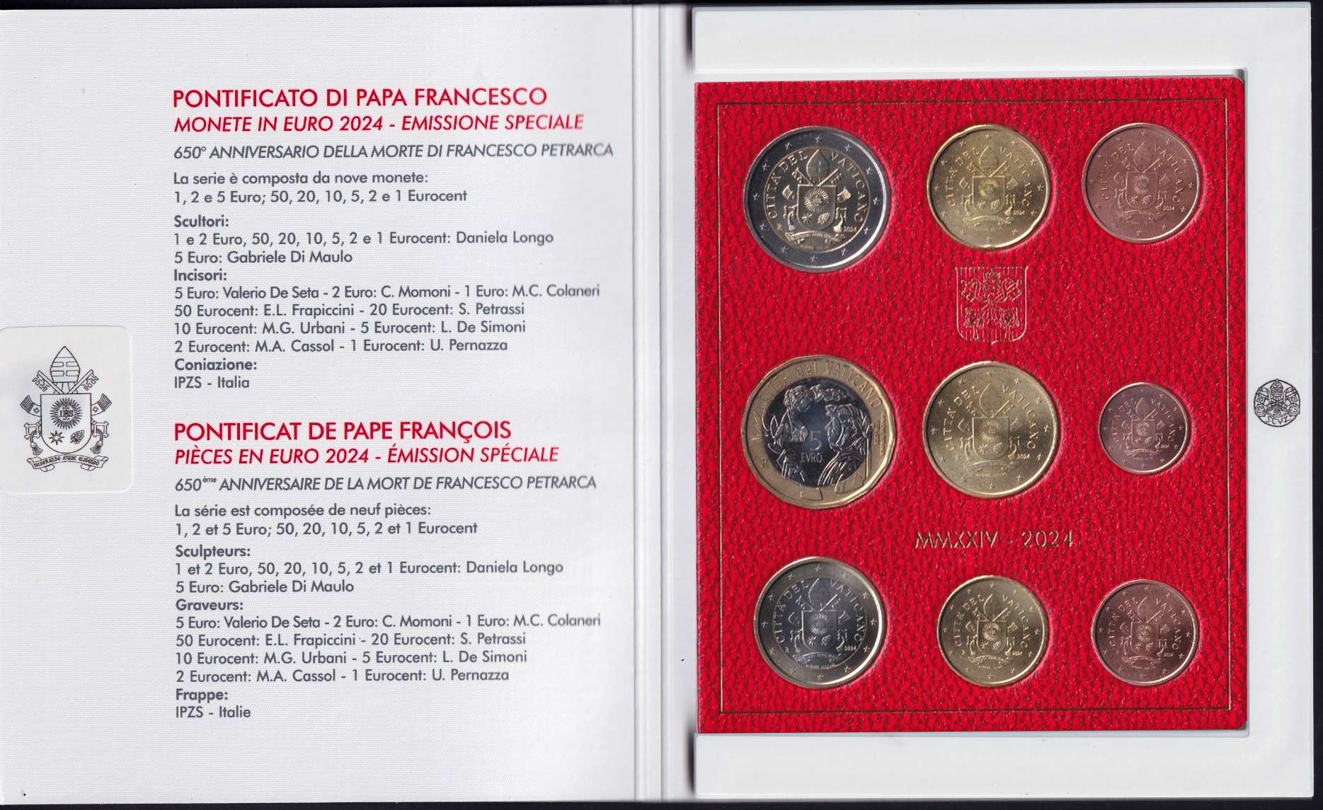 Vaticano divisionale Ufficiale 2024 FDC con 5 Euro Francesco Petrarca