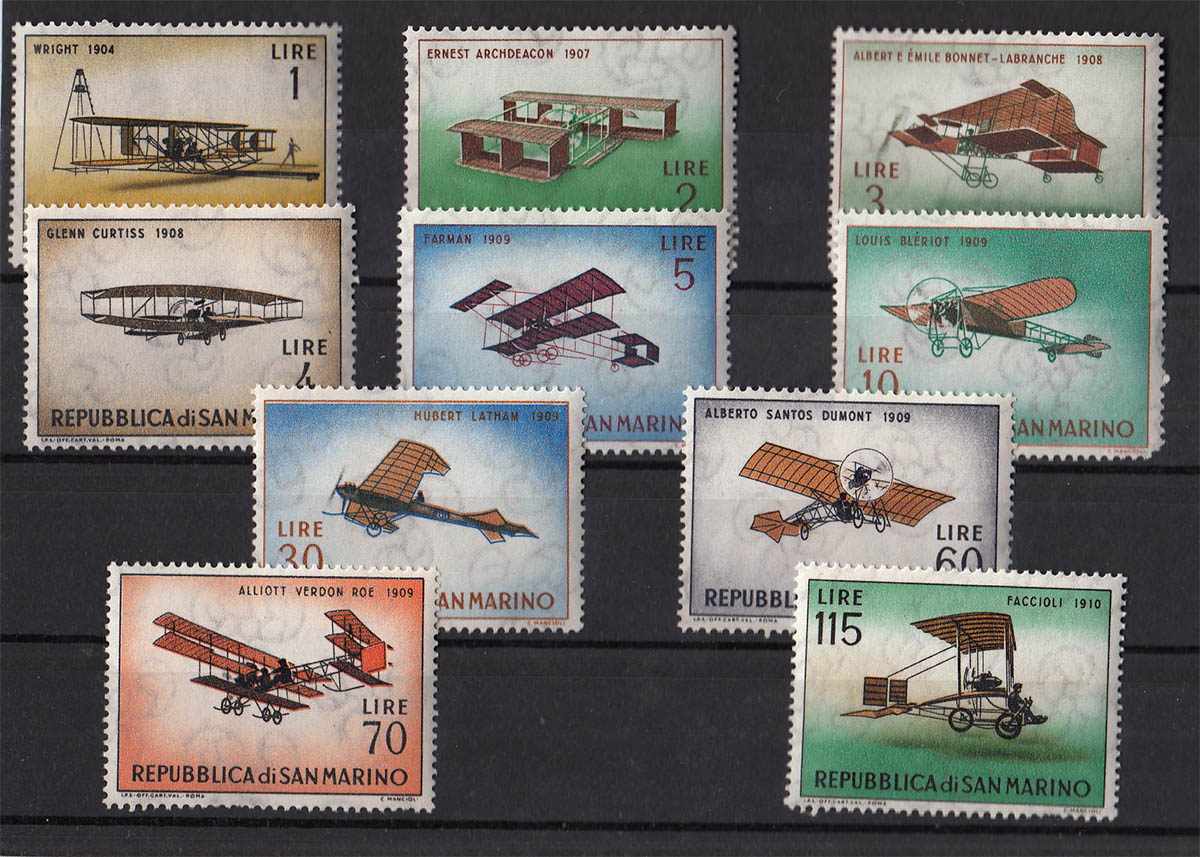 1962 San Marino Storia dell' Aeroplano 10 Valori nuovi Sassone 587-96