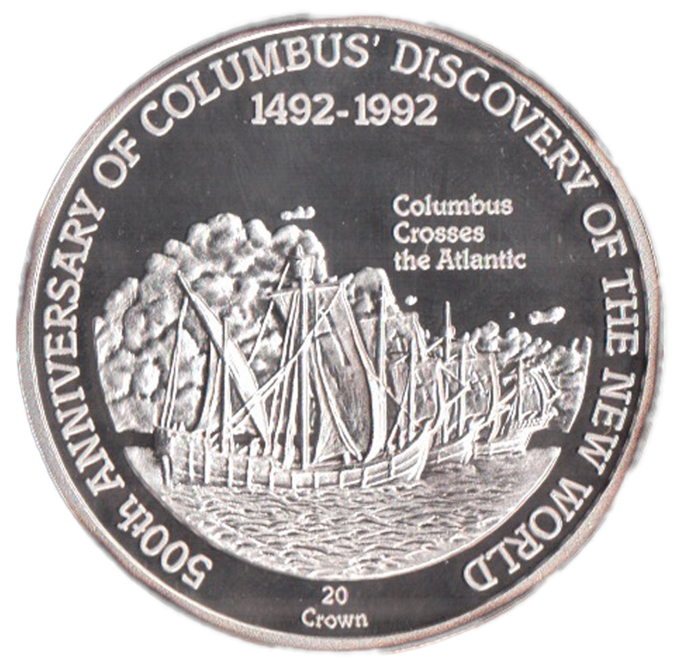 TURKS AND CAICOS 20 Crowns 1991 Ag Scoperta America "Colombo attraversa l'Atlantico" Proof