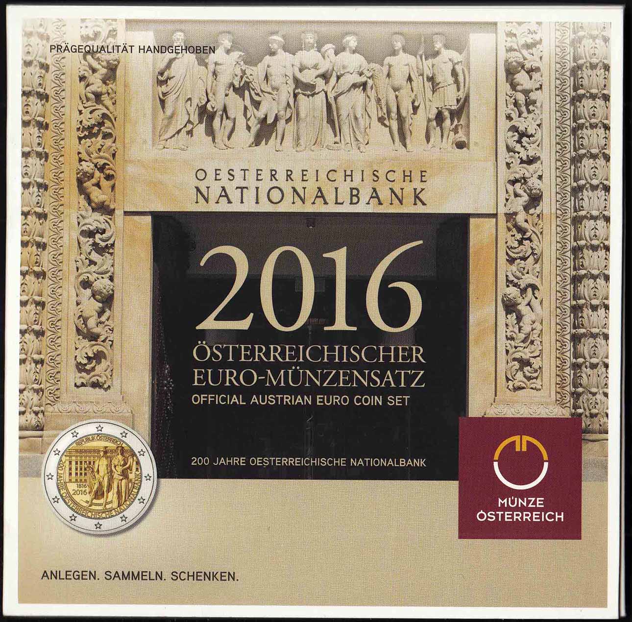 AUSTRIA 2016 Divisionale Ufficiale Euro Banca Nazionale Austriaca FDC