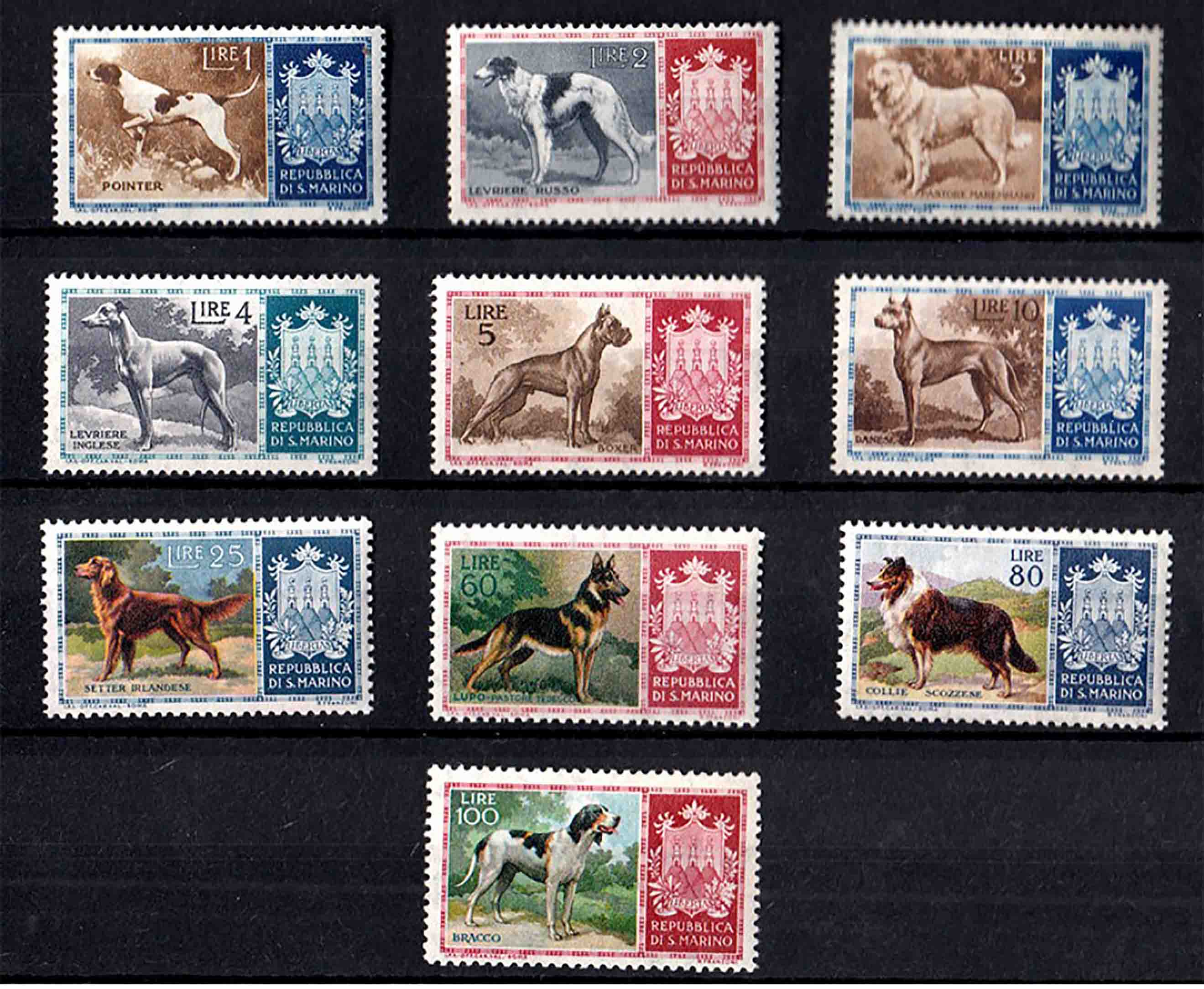 1956 San Marino nuovi perfetti Serie Cani di Razza 10 valori