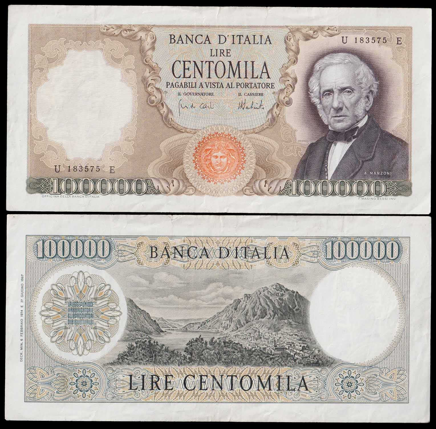 1974 - Lire 100.000 Alessandro Manzoni D.M.  06-02-1974 913 BB