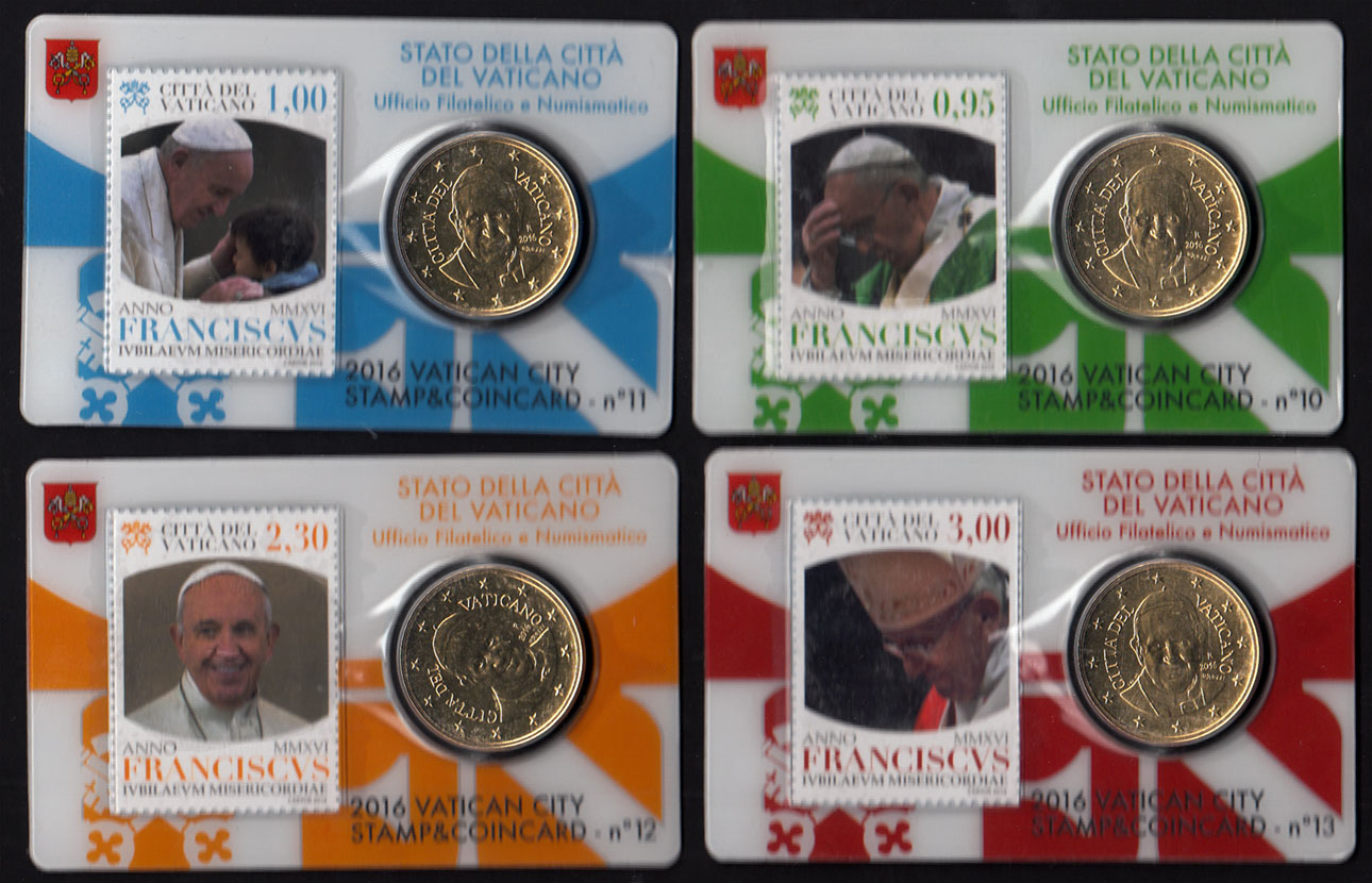 2016 - 4 x Coincard VATICANO 50 Centesimi Euro "Stamp and Coin" N 10-13