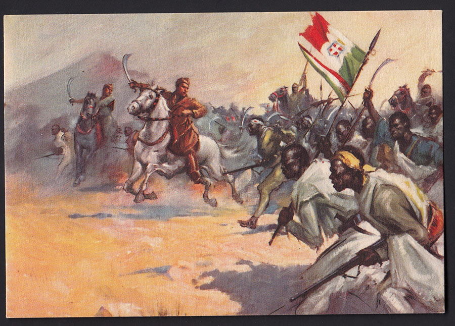 Cartolina coloniale gruppo bande irregolari del Duber e Chimbicciù