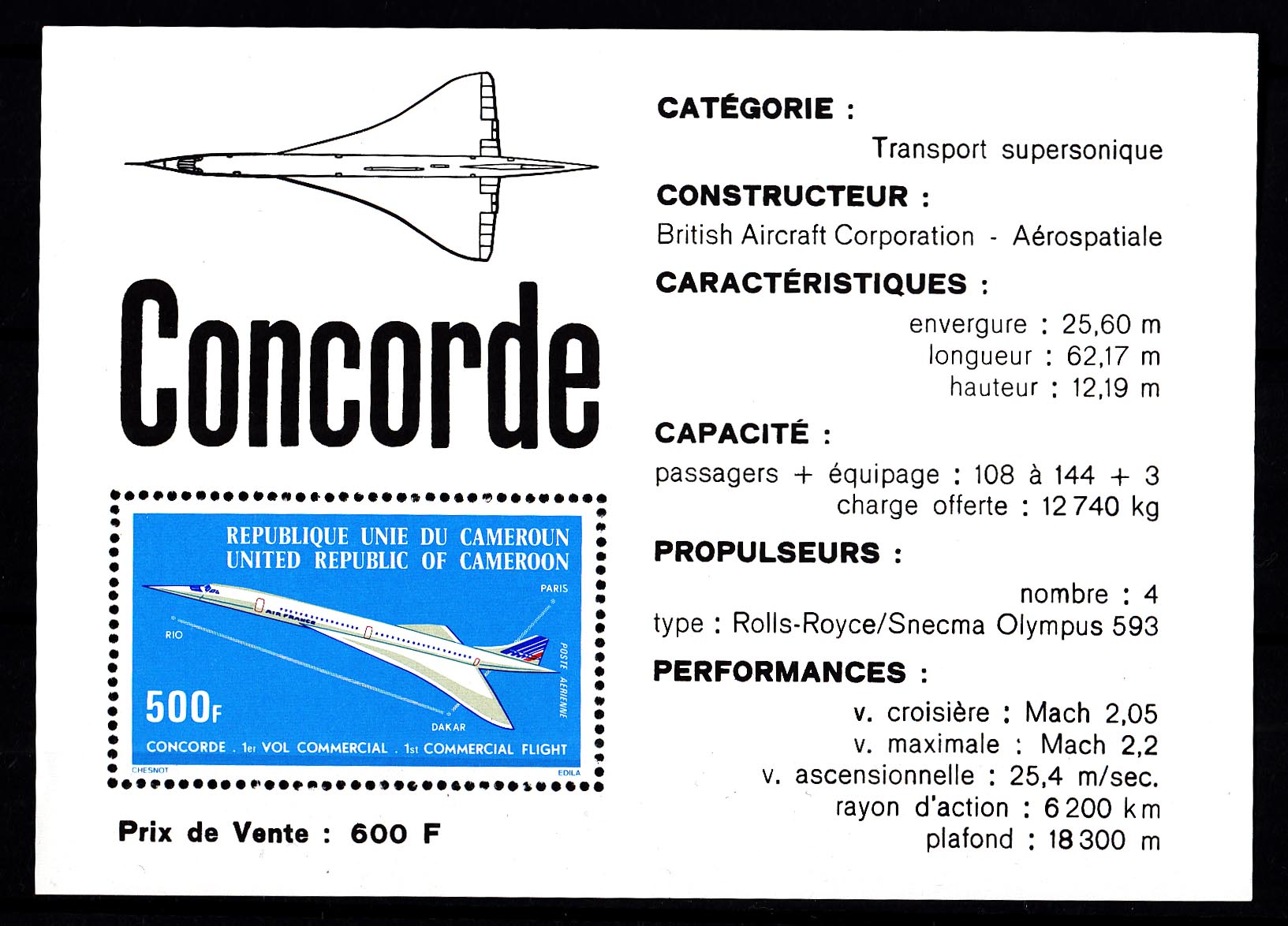 CAMEROUN Foglietto nuovo Aereo Concorde nuovo Yvert Tellier BF 9