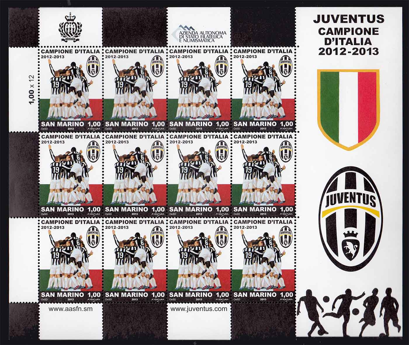 2013 - San Marino Minifoglio Juventus Campione D'Italia 2013 12 Val.