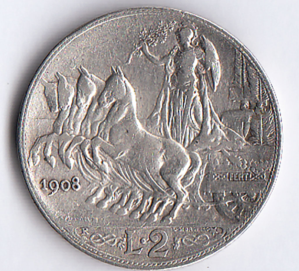 1908 2 Lire Quadriga Veloce Circolata Vittorio Emanuele III