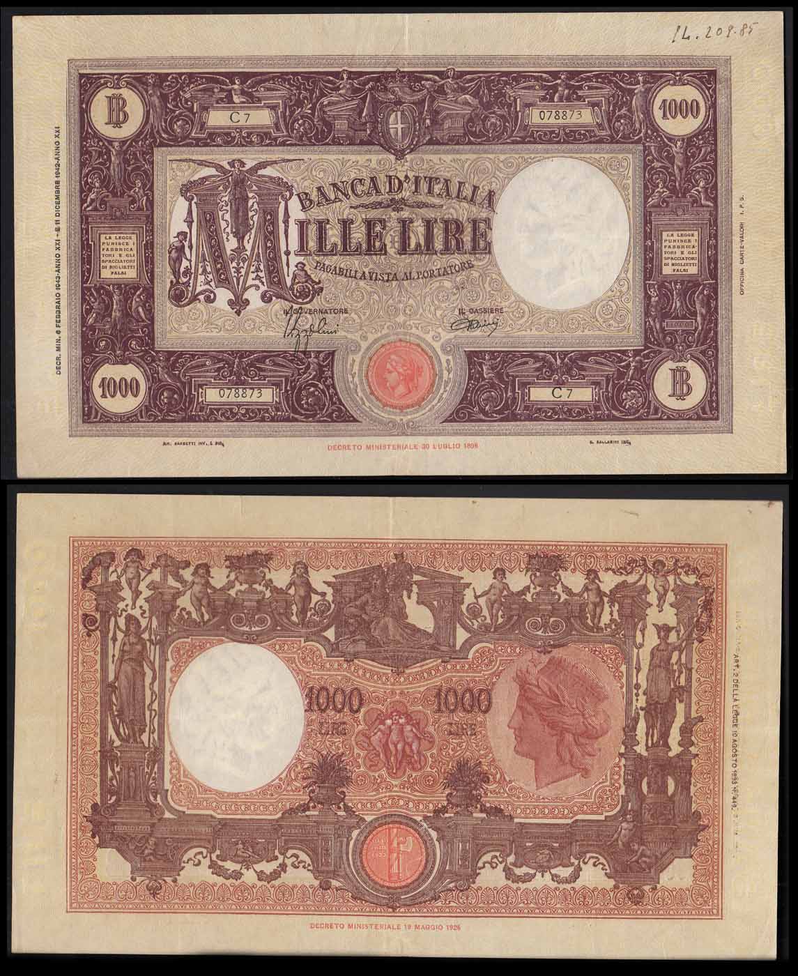 1943 - Lire 1.000 Grande lettera M 2 tipo Emanuele III 06-02-1943 R2  Q/Spl