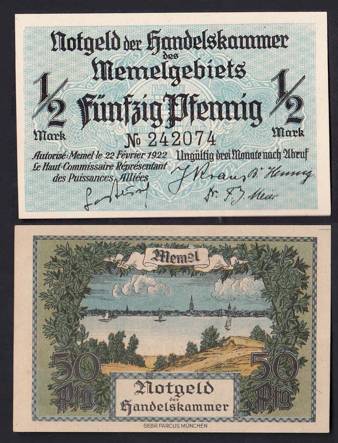 GERMANIA Notgeld 1922 50 Pfennig 1/2 Mark  "Memel" Fior di Stampa