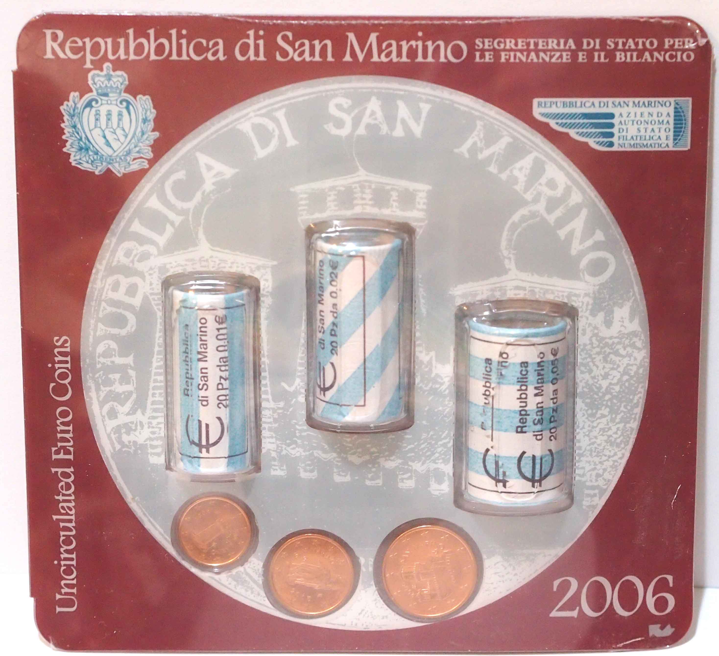 2006 San Marino Minikit composto da 3 rotoli da 20 pz 1 cent 2 cent 5 cent Fdc