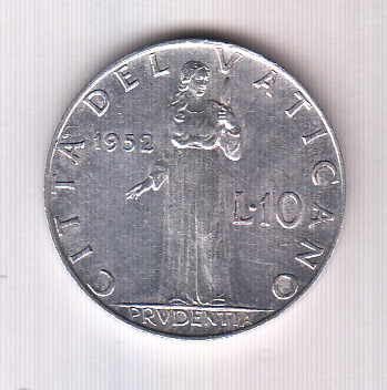 1952 10 Lire  Anno XIV Pio XII