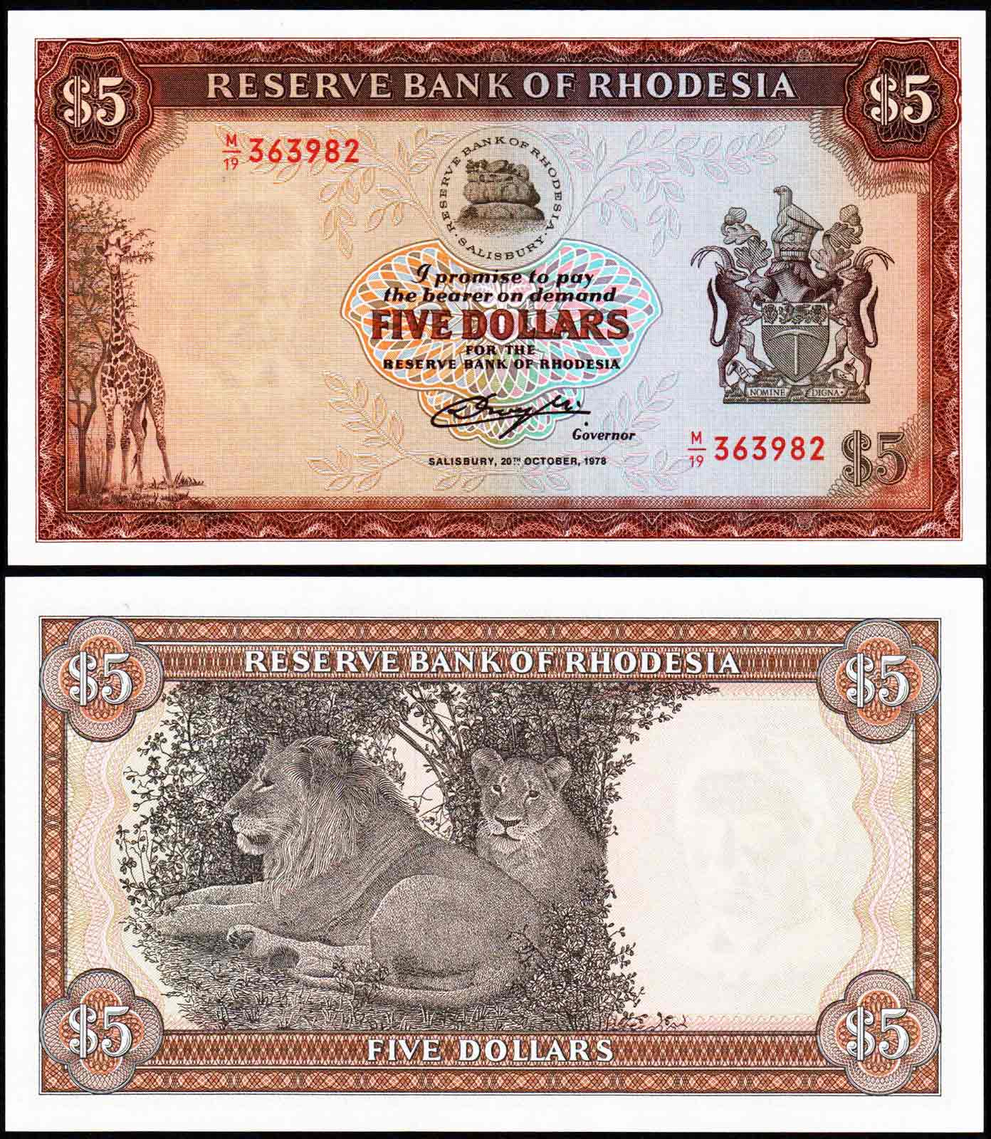 RHODESIA 5 Dollars 1978 Fior di Stampa