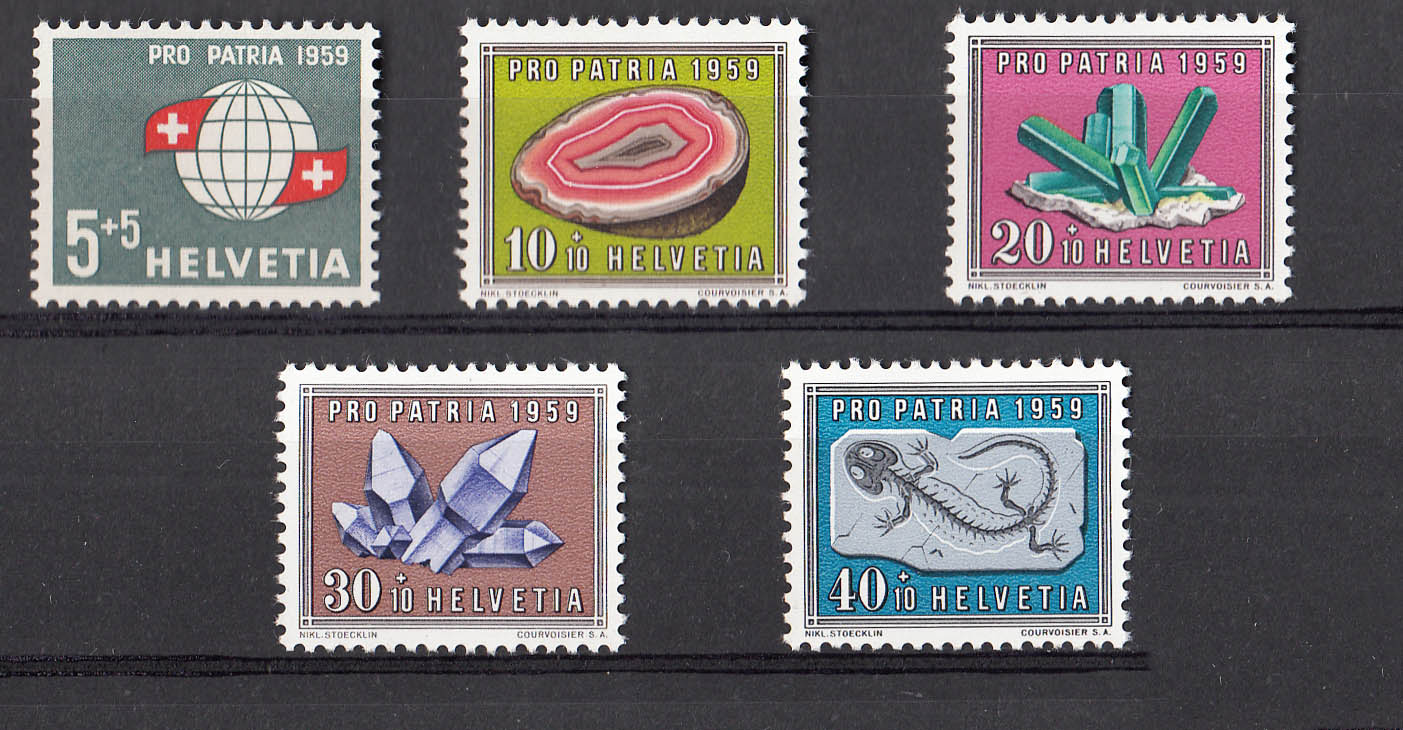 Svizzera serie di 5 francobolli tematica fossili Nuovi Cat. 625/9 1959