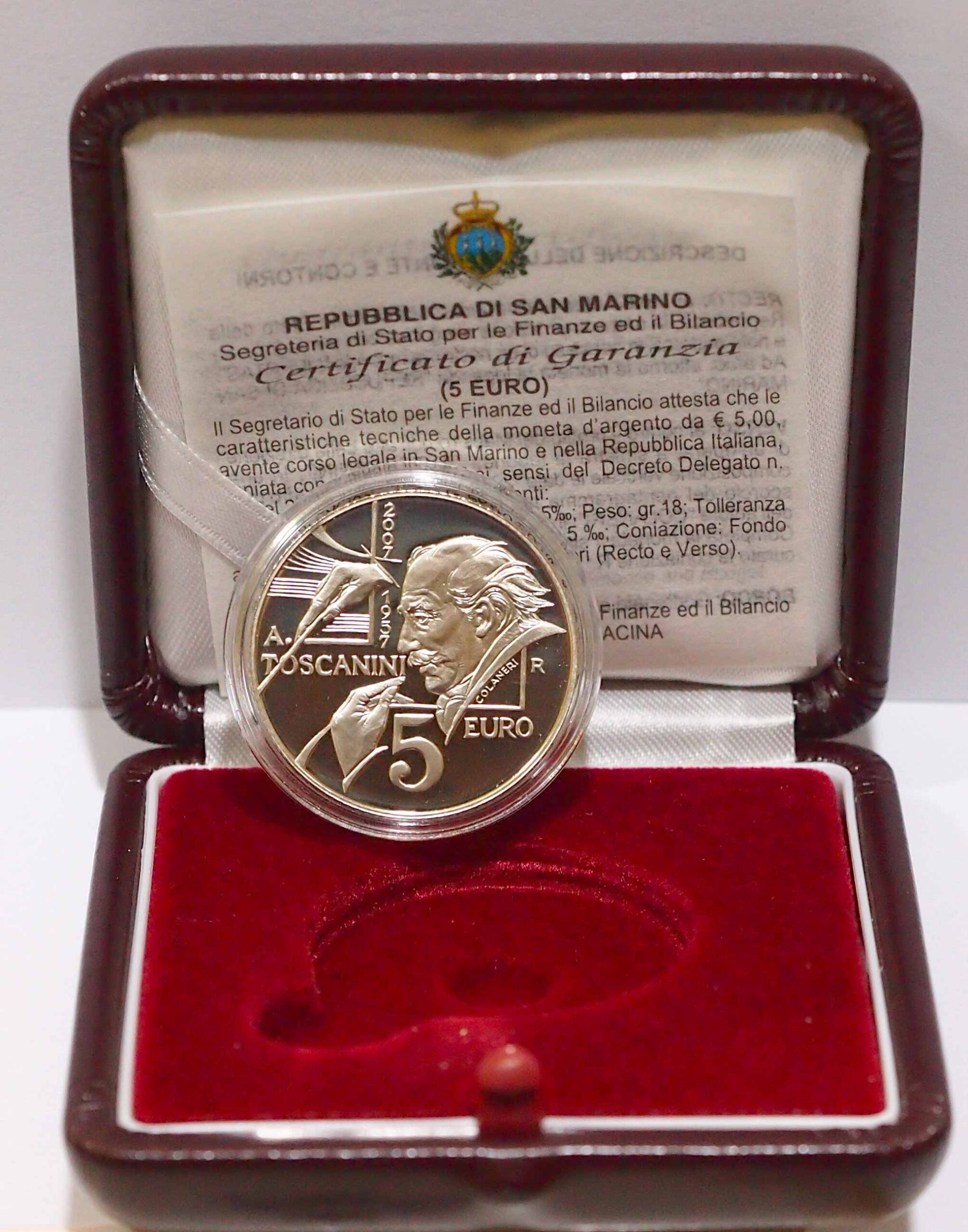 2007 - 5 Euro Toscanini Argento Fondo Specchio San Marino