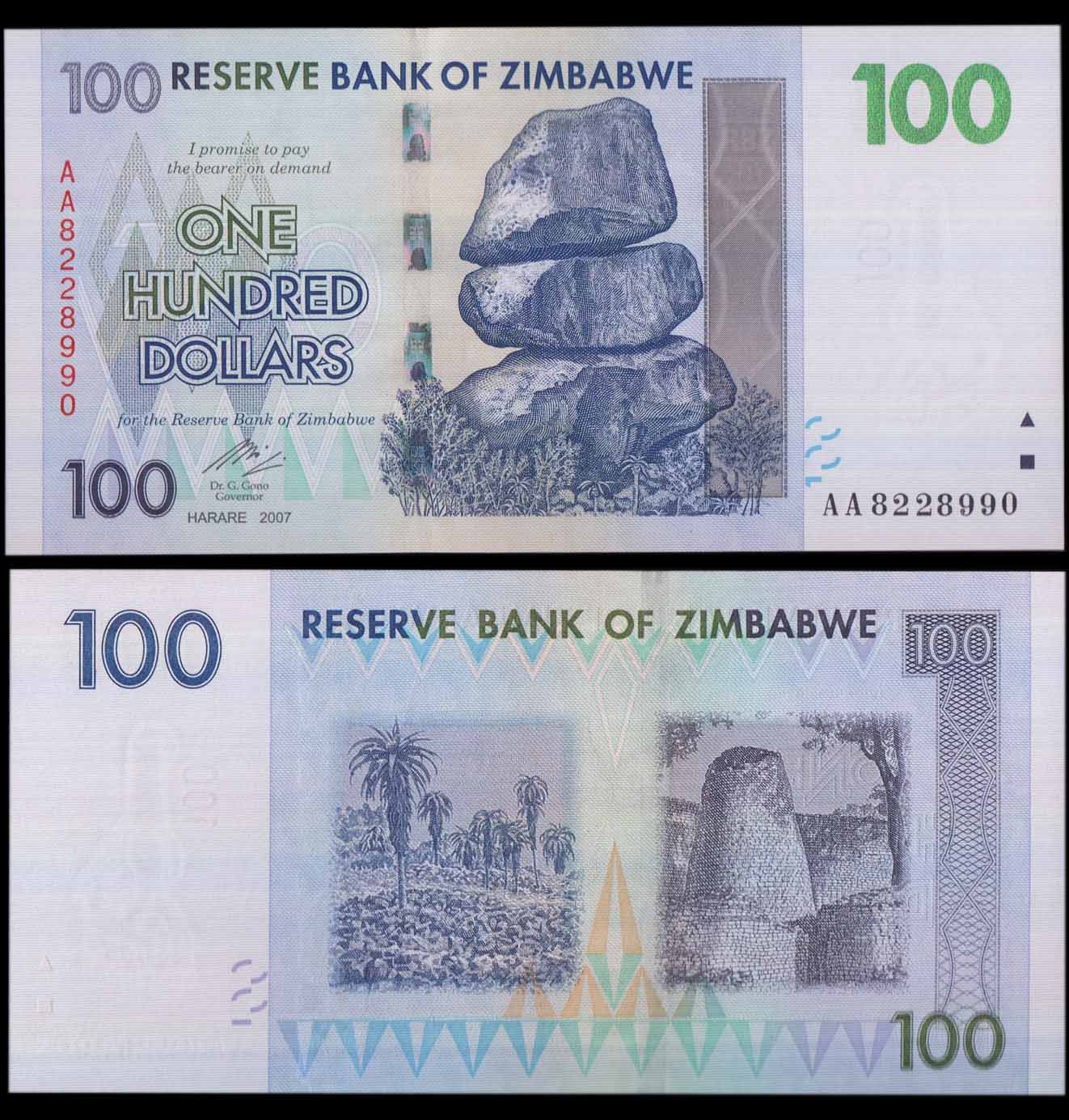 ZIMBABWE 100 Dollars 2007 Fior di Stampa